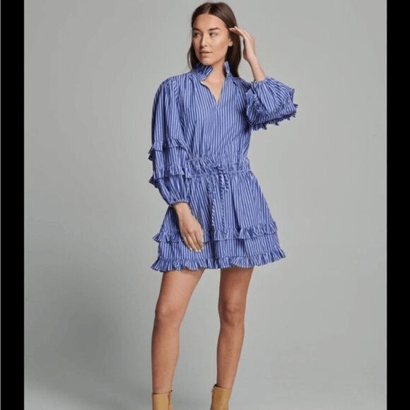 Sundays Blue White Striped Ruffled Jules Mini Dress Women's Size Medium - Picture 1 of 6